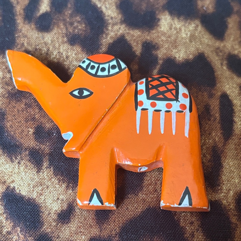 Orange wooden Elephant brooch pin African design bold colorful unique brooch